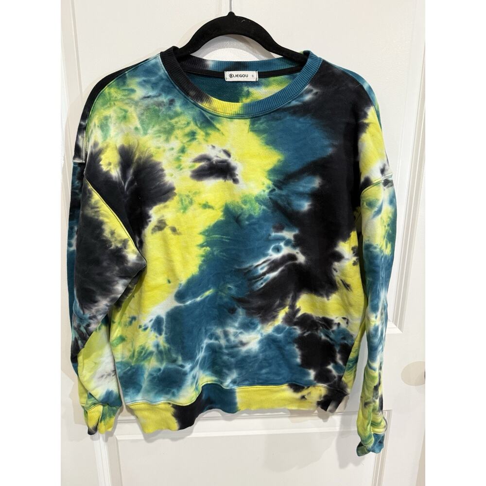 Bliegou unique custom Yellow/blue tie dye knit cotton sweatshirt crew adult Sz S